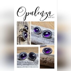 Purple Glass Cabochon Stud Earrings - Silver Tone